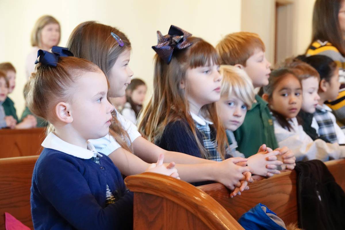 St. Mark School had an all school Mass Jan. 29 to celebrate faith appreciation day for Catholic Schools Week. Father Patrick Winslow, vicar and chancellor of the Diocese celebrated the Mass, which was a votive Mass for St. Joseph (Provided by Amy Burger)