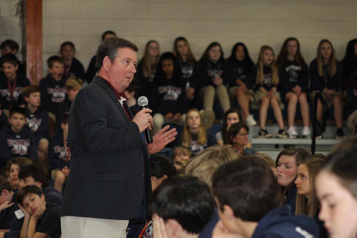 Officer Peter Grant, a Charlotte Catholic High School alum, spoke at a school wide assembly about social media safety. (Photo provided by Lisa Michalski-Gilkey)