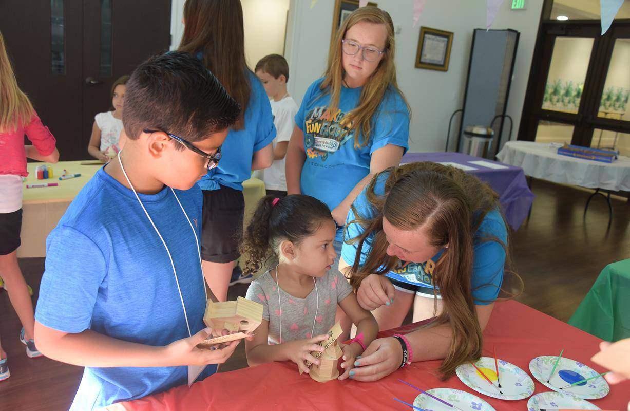 GREENSBORO — Children at St. Pius X Church enjoyed “Maker Fun Factory” Vacation Bible School in June, where they made bird houses and played hopscotch, among other activities. (Photos provided by MaryAnn Luedtke)