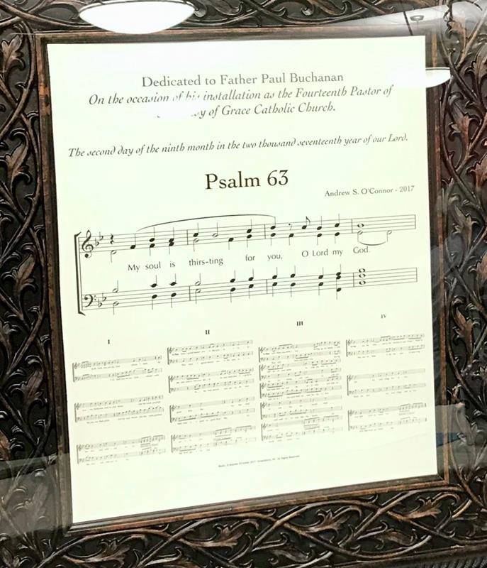 Detail of the original music for Psalm 63 that Andrew O'Connor composed for Father Buchanan's installation Mass. (Photo by Barbara Markun)