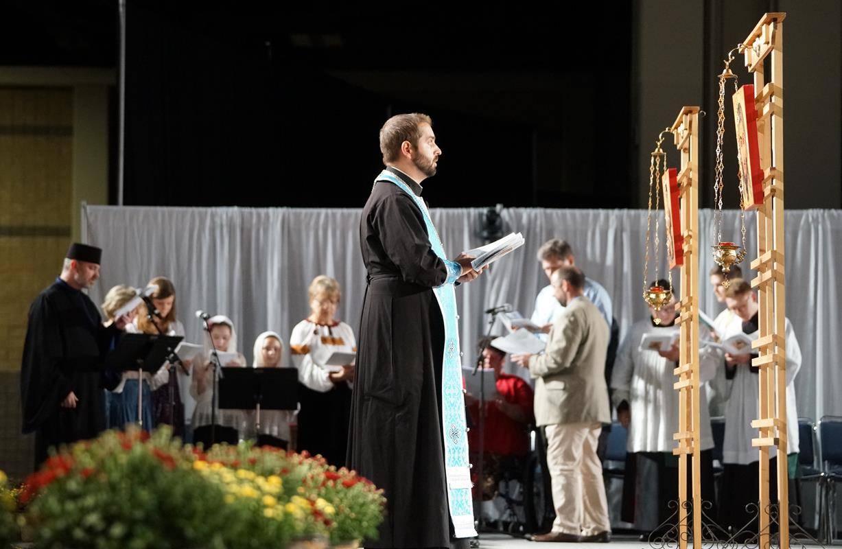 Father Joseph Matlak, pastor of St. Ukrainian Catholic Mission in Charlotte, leads Vespers Friday night in honor of Our Most Holy Lady, the Theotokos and Ever-Virgin Mary. (Photo by John Cosmas, correspondent)