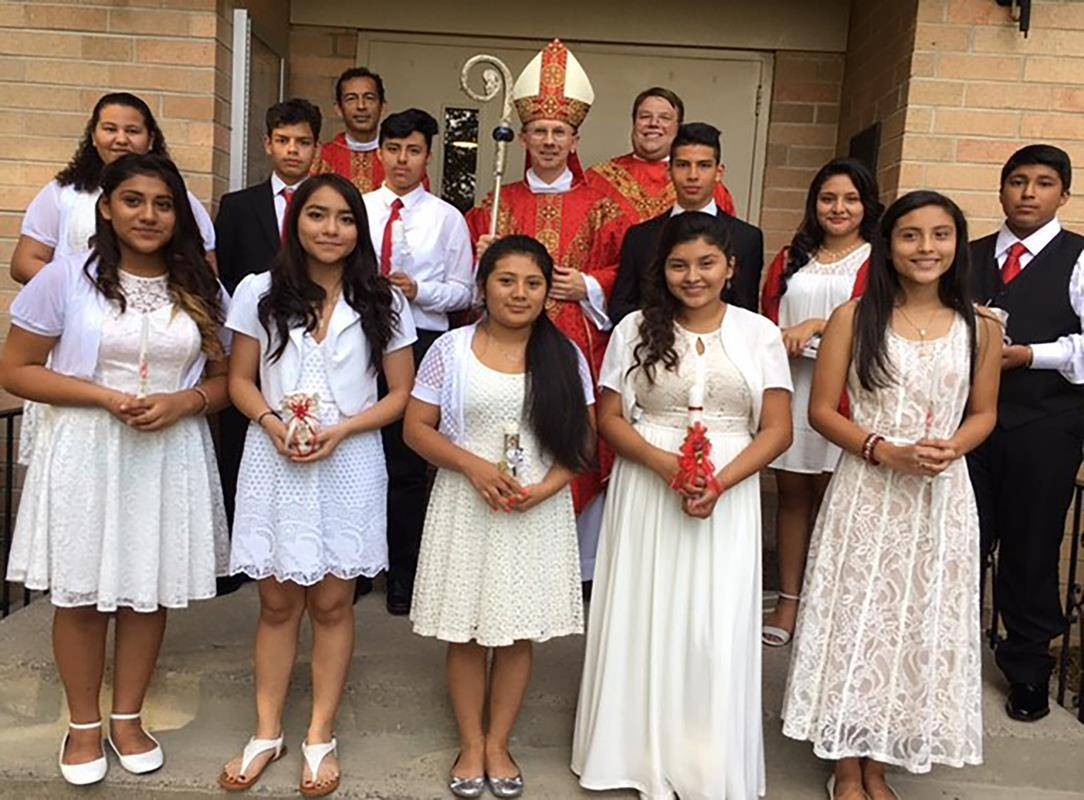 SPARTA — Six young people from St. Frances of Rome Mission in Sparta joined five young people from St. Francis of Assisi Church in Jefferson in receiving the sacrament of confirmation from Bishop Peter Jugis during an exuberant Hispanic Mass Sept. 25. Jai