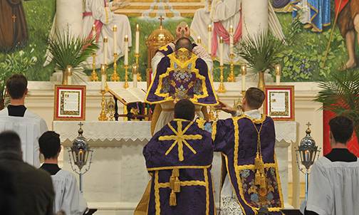CHARLOTTE — The Charlotte Latin Mass Community and St. Ann Parish hosted a Solemn High Mass offered by Father Matthew Kauth, St. Joseph College Seminary rector. Deacon was Father Jason Barone, CCHS chaplain. Seminarian Britt Taylor was subdeacon.