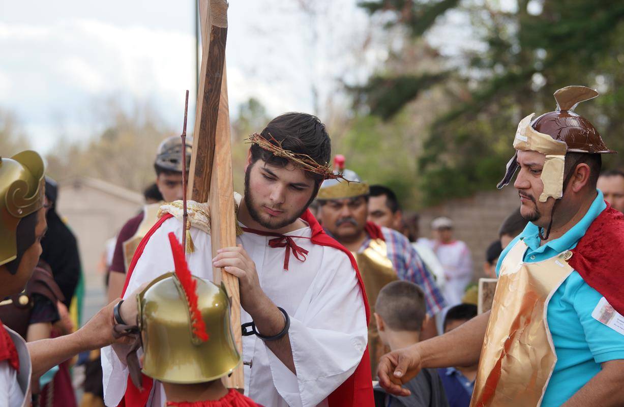 Parishioners at St. Therese Church in Mooresville acted out live Stations of the Cross on Good Friday afternoon. (Photo by John Cosmas, correspondent)