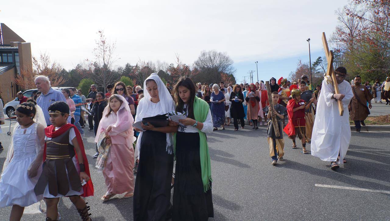 Parishioners at St. Therese Church in Mooresville acted out live Stations of the Cross on Good Friday afternoon. (Photo by John Cosmas, correspondent)
