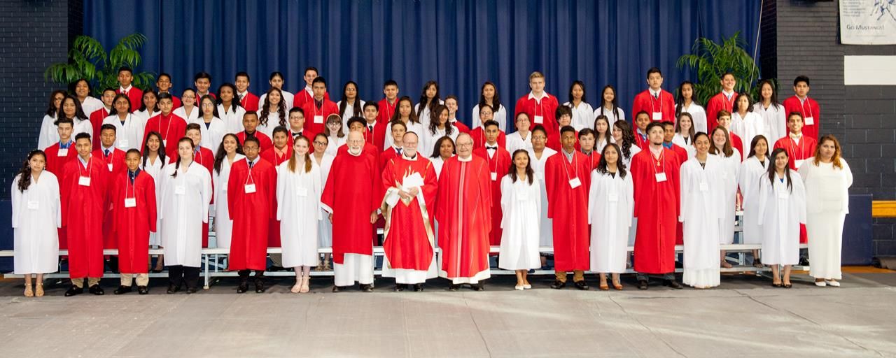 During a Mass June 8 celebrated by Benedictine Abbot Placid Solari, 75 youths and one adult received the sacrament of confirmation at Our Lady of Mercy Church