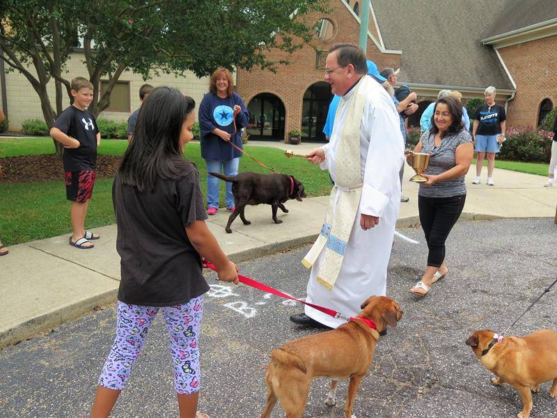Father Thomas Kessler, pastor of St. Philip the Apostle Church in Statesville, blesses the animals on Oct. 6. (Photo provided by Connie Ries)