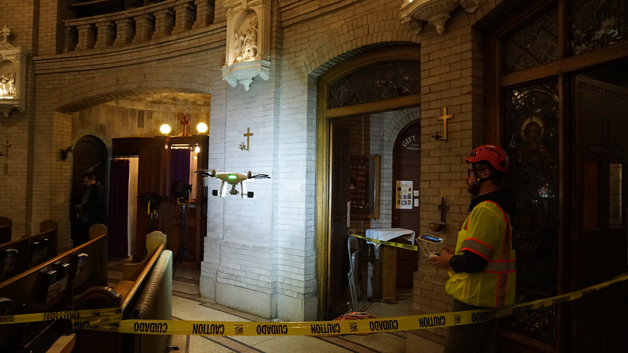 Surveyors from Vertical Access use drones and laser scanning to evaluate every inch of the historic basilica, inside and out.