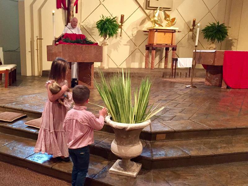 Children reach for palms at St. Gabriel Church in Charlotte.