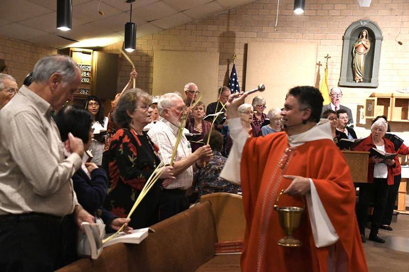 Father Alex Ayala blesses the faithful during Palm Sunday Mass at St. William Church in Murphy. (Photo by Phil Roche, Catholic News Herald)