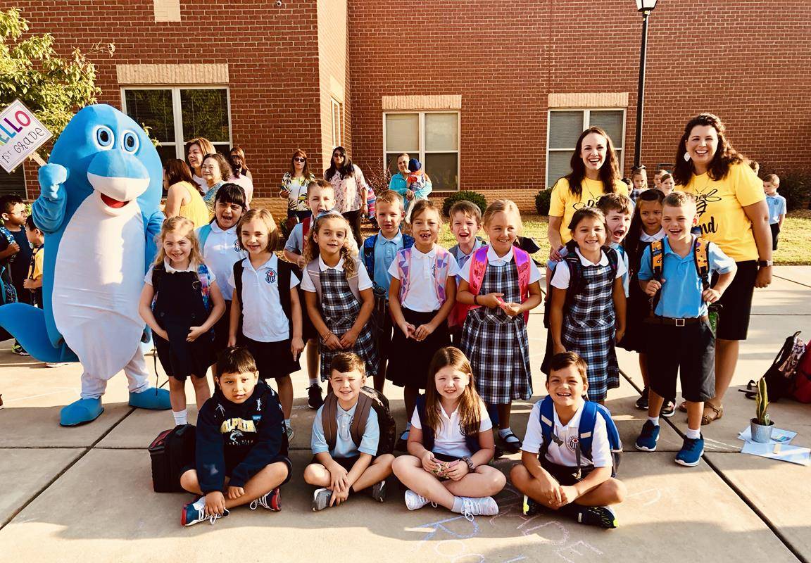 SALISBURY — Kindergartners headed back to school at Sacred Heart in Salisbury Aug. 7 by celebrating with the school mascot, Fin. (Photos provided by Tyler Kulp.)
