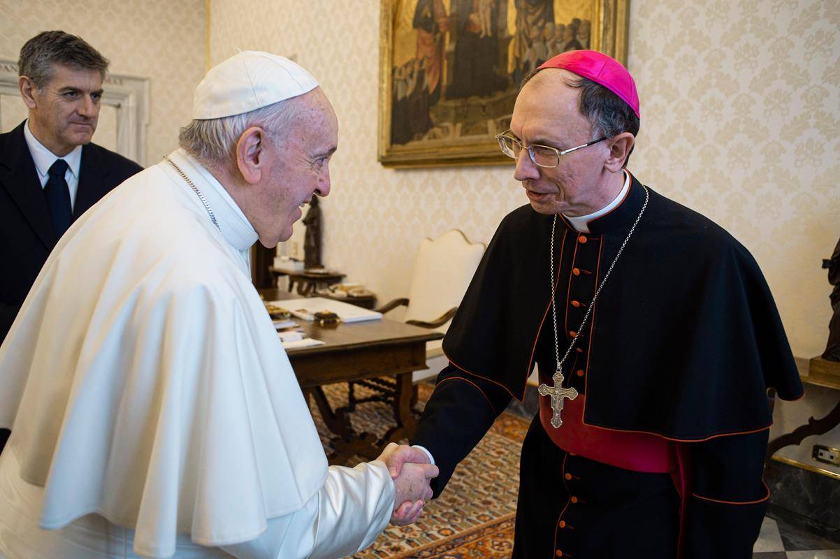 Pope Francis greets Bishop Peter J. Jugis of Charlotte, N.C., during a meeting with U.S. bishops from Florida, Georgia, North Carolina and South Carolina at the Vatican Feb. 13, 2020. (CNS photo/Vatican Media) 