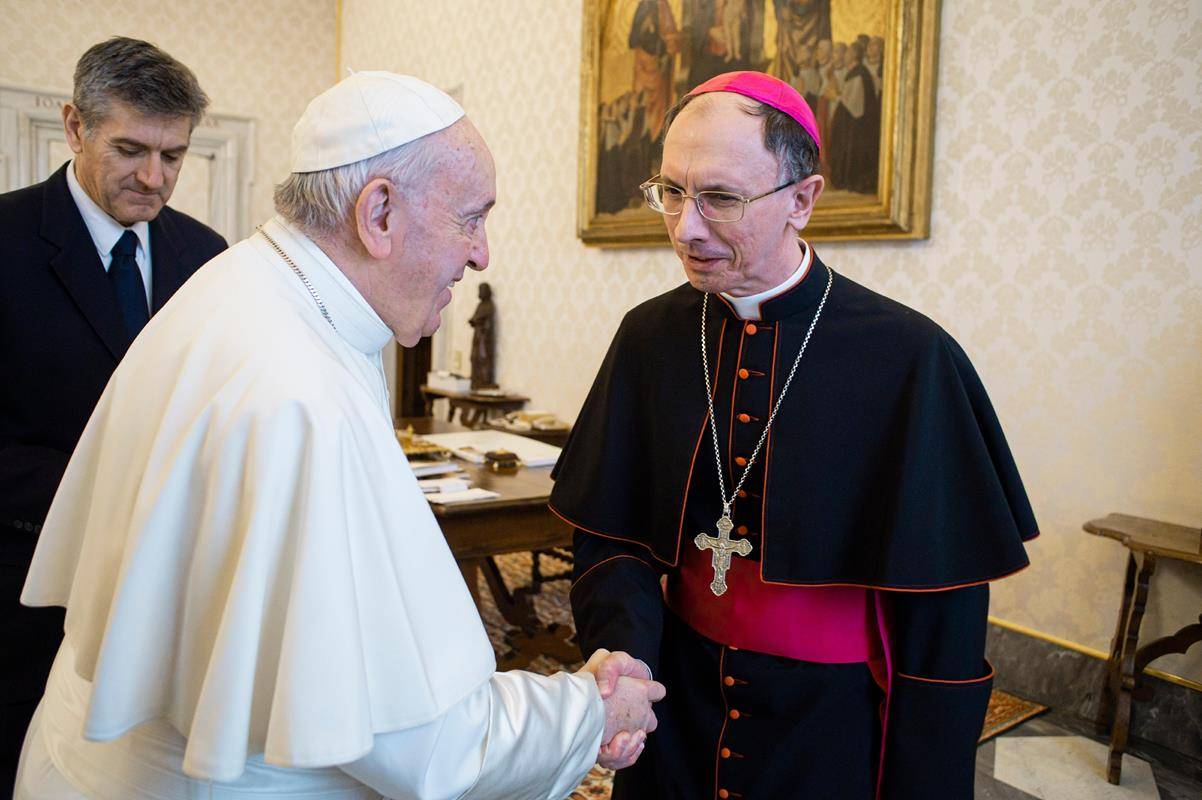 Pope Francis greets Bishop Peter J. Jugis of Charlotte, N.C., during a meeting with U.S. bishops from Florida, Georgia, North Carolina and South Carolina at the Vatican Feb. 13, 2020. (CNS photo/Vatican Media) 