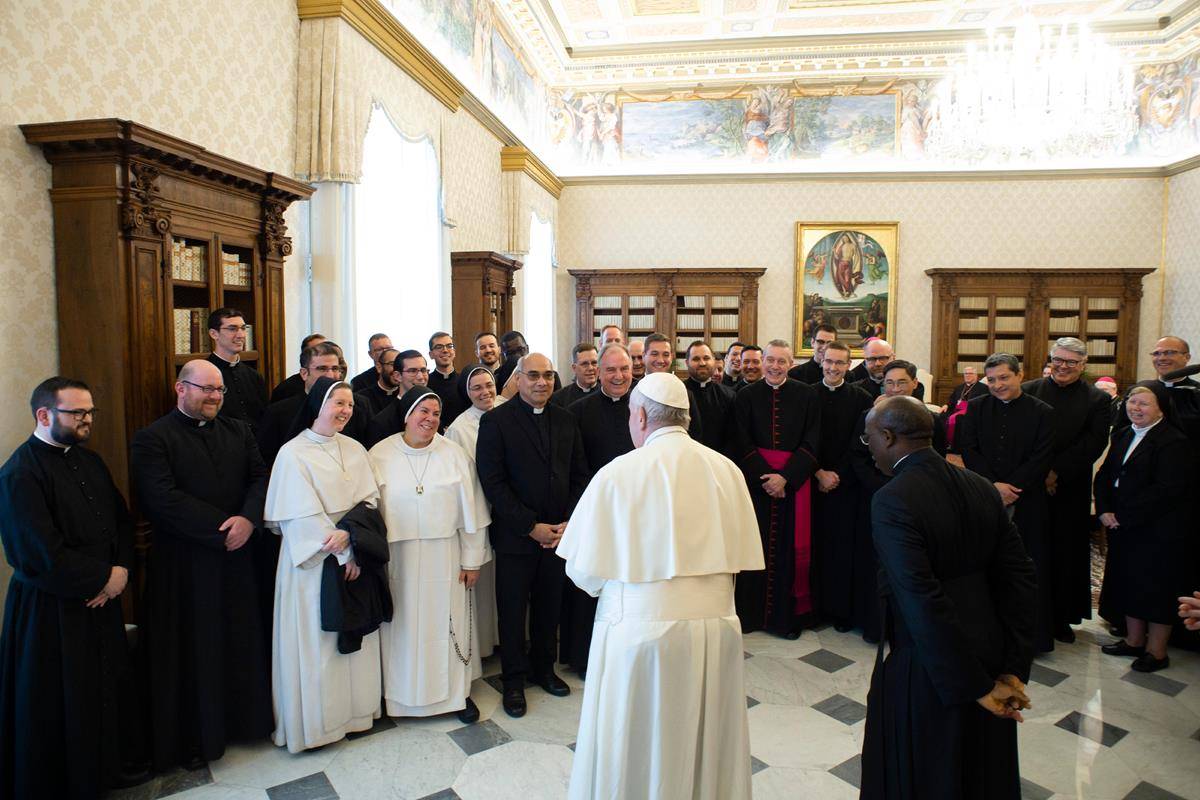 Pope Francis greets clerics during a meeting with U.S. bishops from Florida, Georgia, North Carolina and South Carolina at the Vatican Feb. 13, 2020. The bishops were making their 