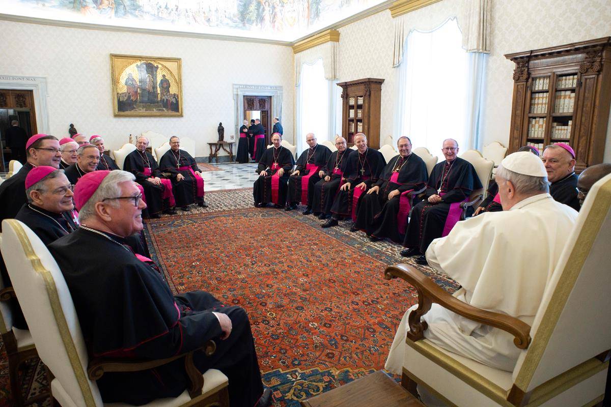 Pope Francis leads a meeting with U.S. bishops from Florida, Georgia, North Carolina and South Carolina at the Vatican Feb. 13, 2020. (CNS photo/Vatican Media) 