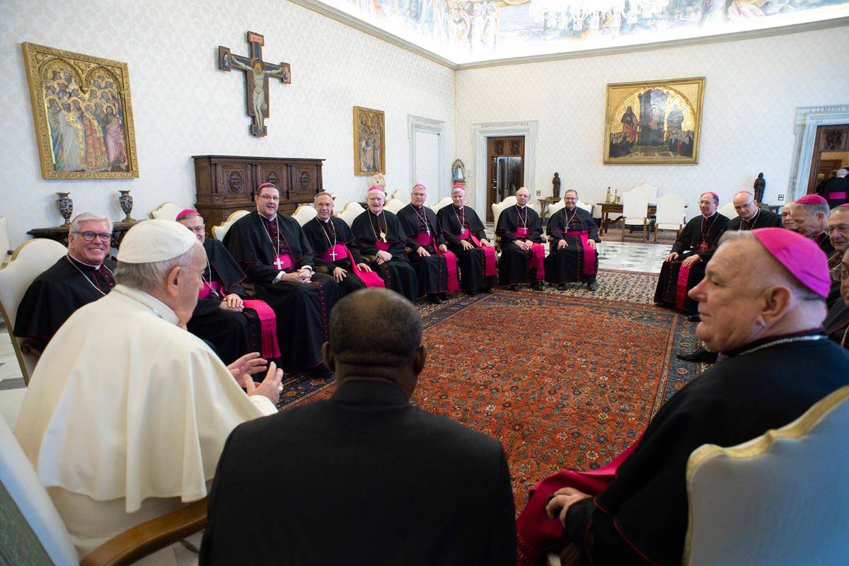 Pope Francis leads a meeting with U.S. bishops from Florida, Georgia, North Carolina and South Carolina at the Vatican Feb. 13, 2020. (CNS photo/Vatican Media) 