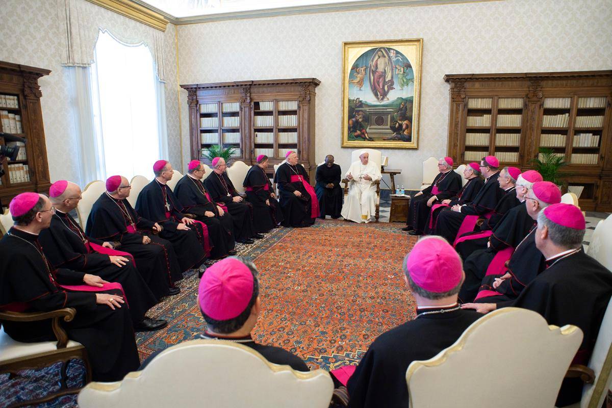 Pope Francis leads a meeting with U.S. bishops from Florida, Georgia, North Carolina and South Carolina at the Vatican Feb. 13, 2020. (CNS photo/Vatican Media) 