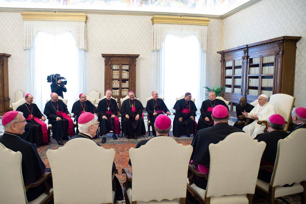 Pope Francis leads a meeting with U.S. bishops from Florida, Georgia, North Carolina and South Carolina at the Vatican Feb. 13, 2020. (CNS photo/Vatican Media) 