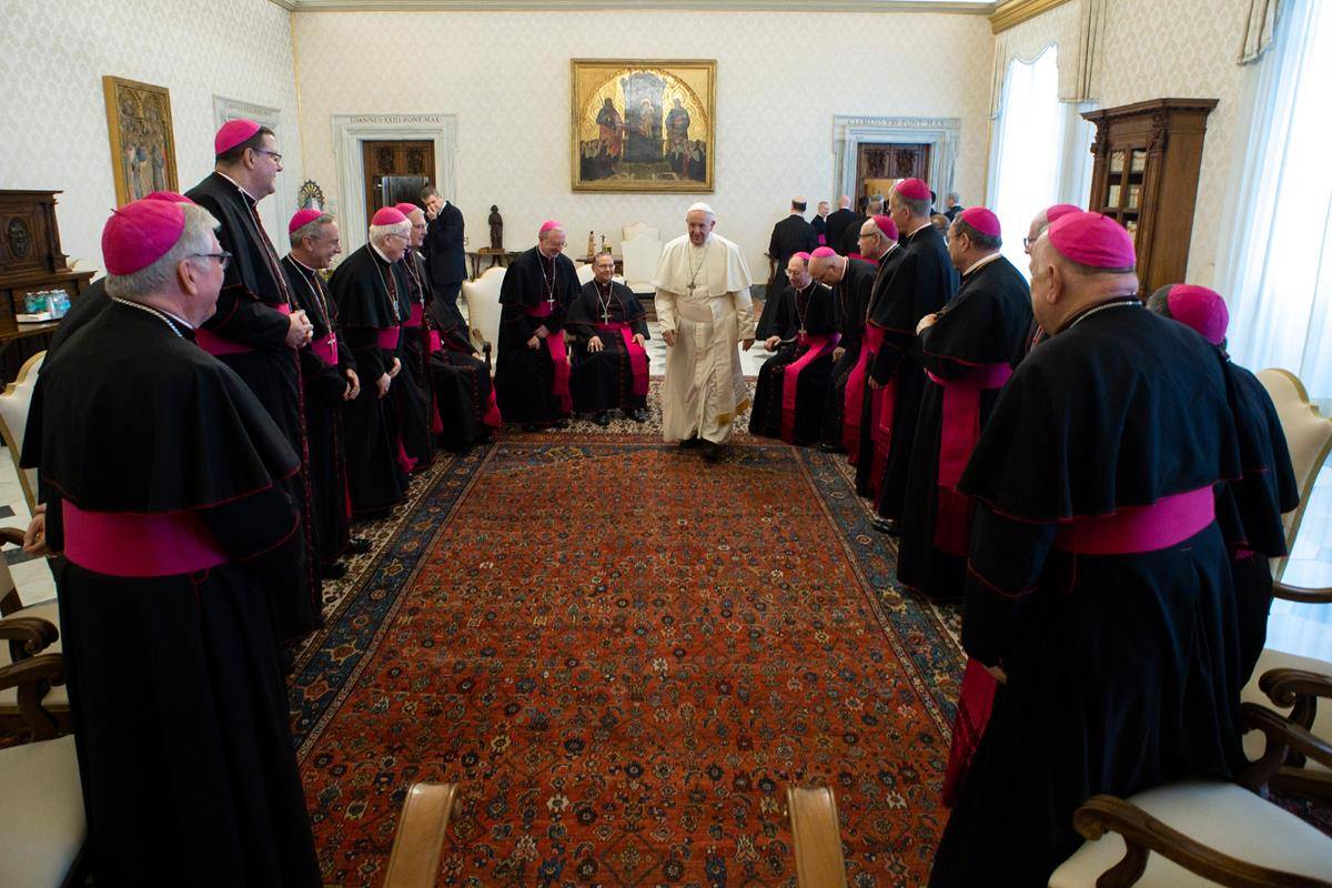 Pope Francis walks to his chair as he leads a meeting with U.S. bishops from Florida, Georgia, North Carolina and South Carolina at the Vatican Feb. 13, 2020. (CNS photo/Vatican Media) 