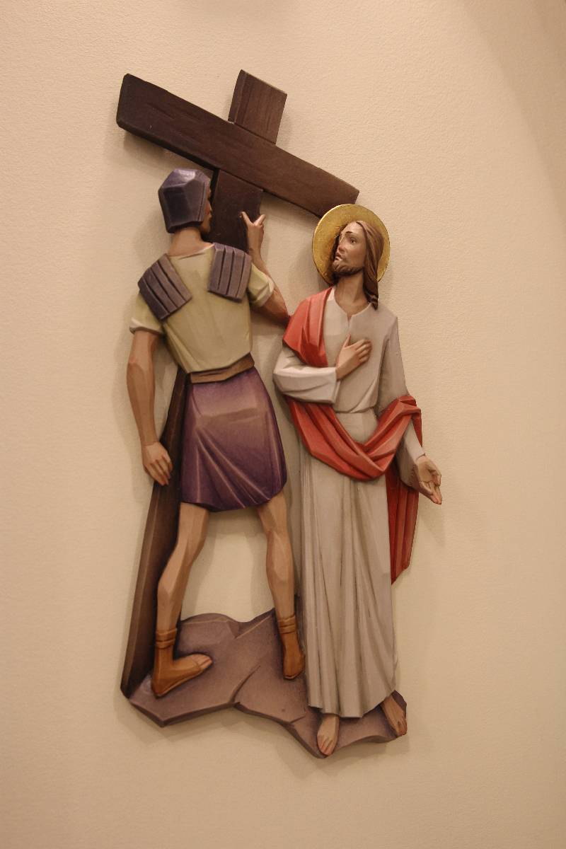 The Stations of the Cross are beautifully depicted on the walls around the interior perimeter of the new chapel at Holy Family Church in Clemmons.