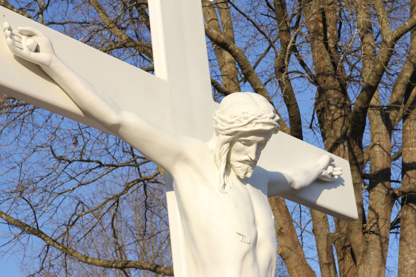 An image of Christ as He gazes downward from the cross. The crucifix has been installed in the new Catholic section of the Westlawn Gardens of Memory cemetery. 