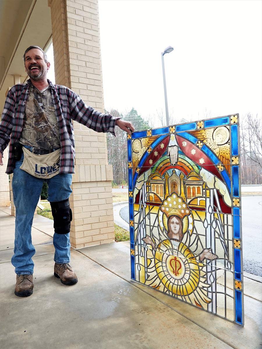 St Mark stained glass Coronation window before install with Todd Hinkle.