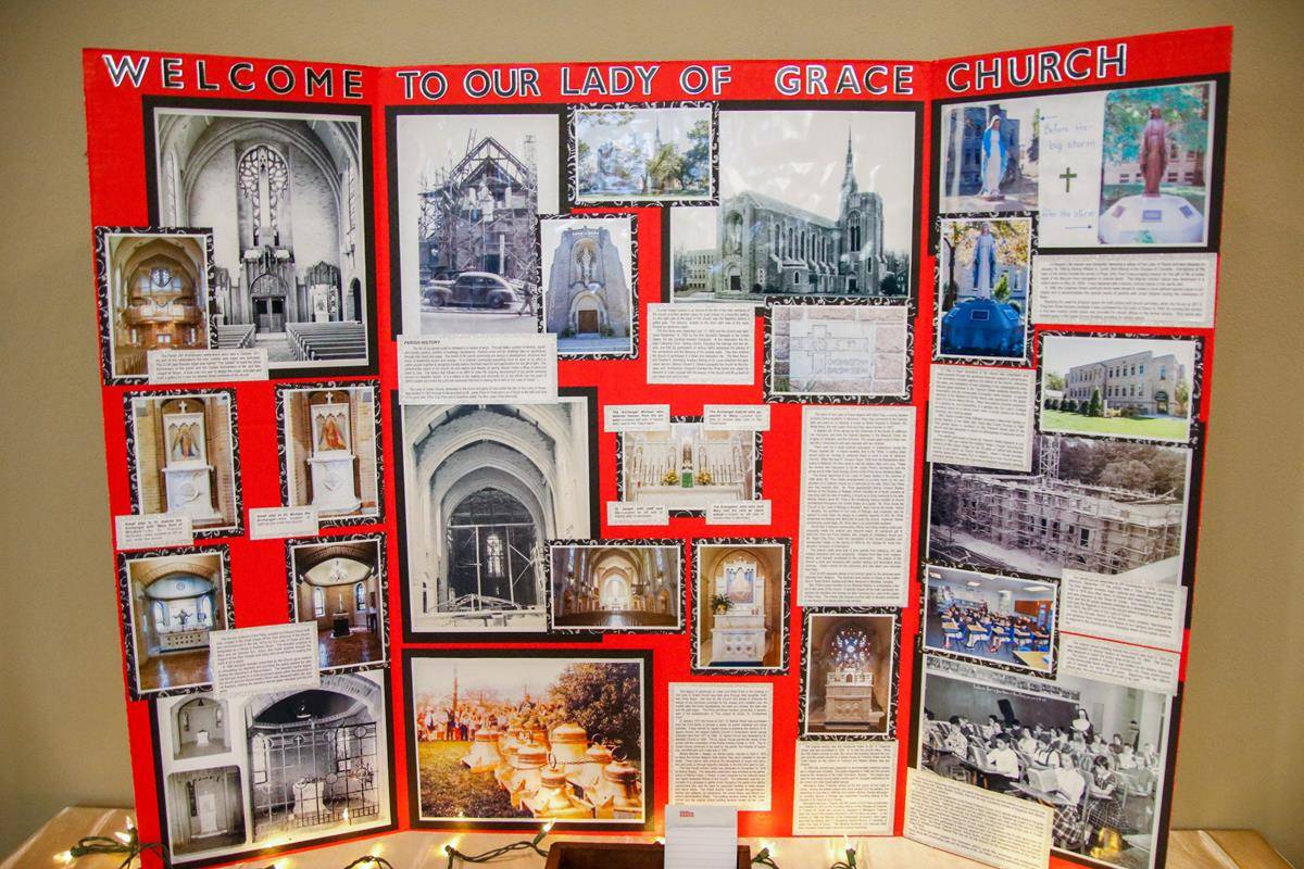 Historical photos of the church and school drew many to this area of the banquet hall.
