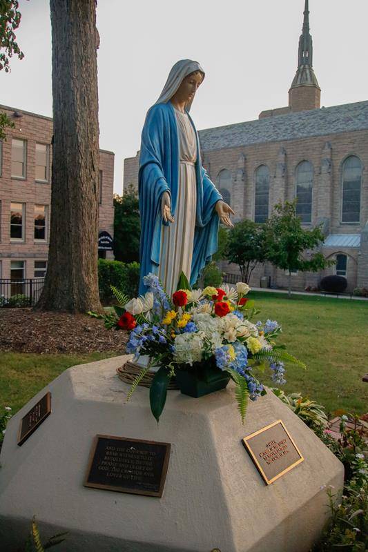 The recently refurbished Our Lady of Grace statue is a place of prayer and peace.