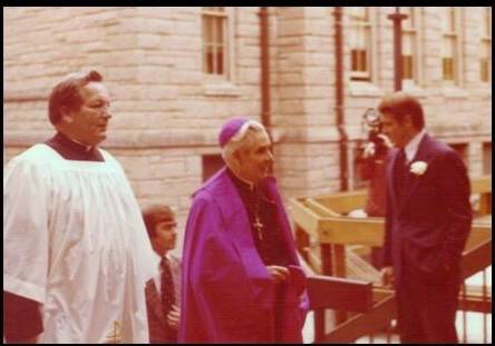 Archbishop Fulton J. Sheen (now Venerable) is on his way to bless the new parish activity center and Upper School on November 14, 1976. 