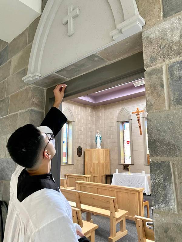 The priests, seminarians and servers blessed, incensed and chalked all of the spaces of St. Mark Church, St. Mark School and Christ the King High School.