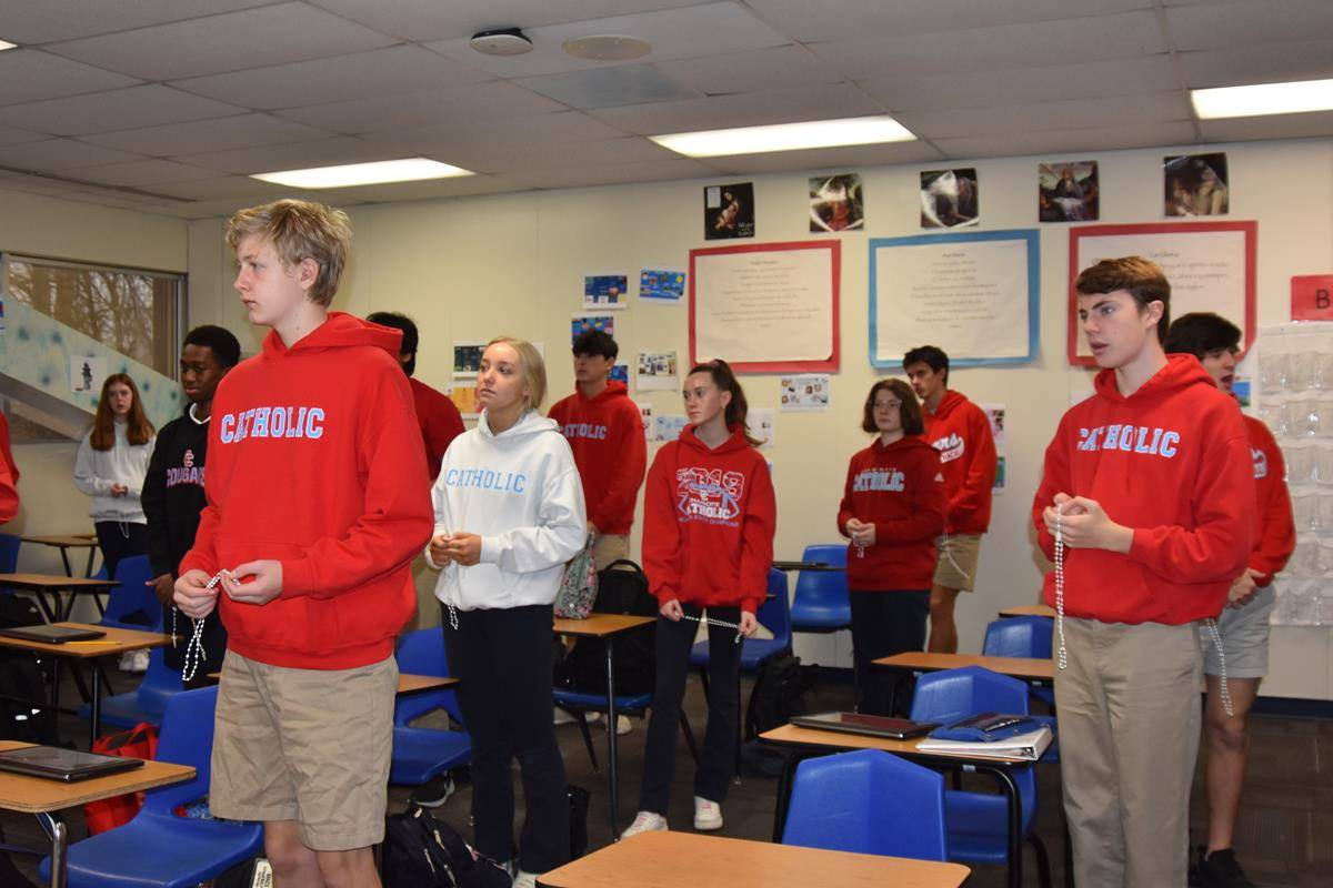 Students at Charlotte Catholic High School started a supplies drive for Catholic Charities and prayed the Joyful Mysteries of the Rosary with the other diocesan schools. 
