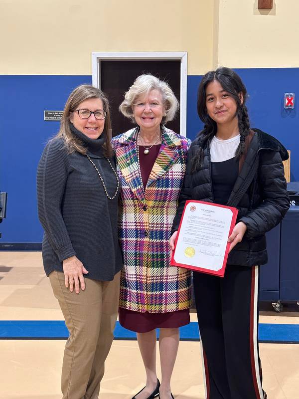 Pictured with Mrs. Hallet and Mayor Alexander is SGA/Student Body President Maya Villalobos who accepted Mayor Alexander's signed declaration on behalf of the school.