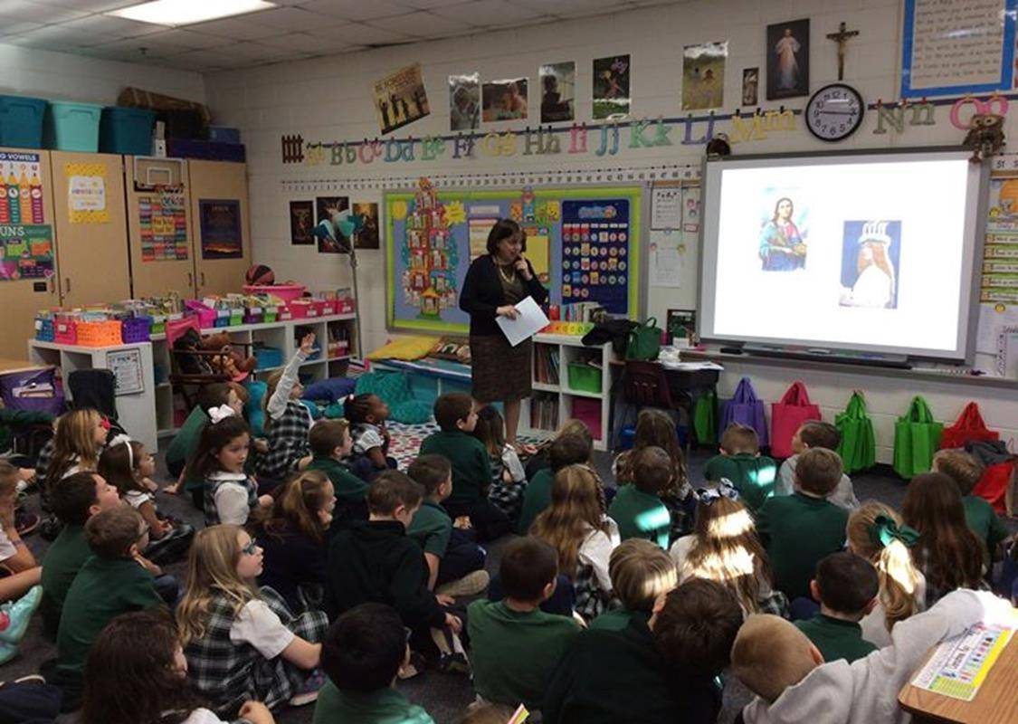 Dr. Janice Ritter, MACS superintendent came to speak to St. Mark School’s second graders during Catholic Schools Week. (Photo via Facebook)
