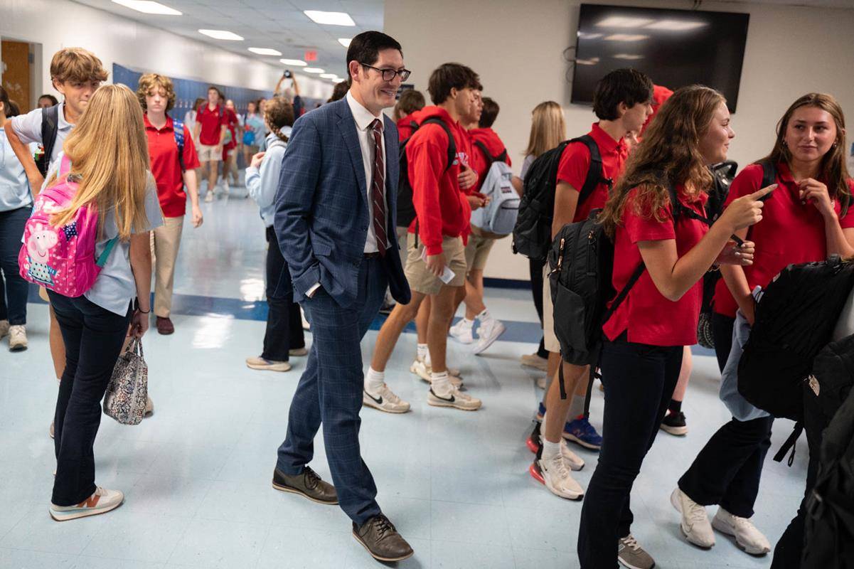 Students start the new year at Charlotte Catholic High School. Superintendent Dr. Greg Monroe is on campus for the first day of school. 