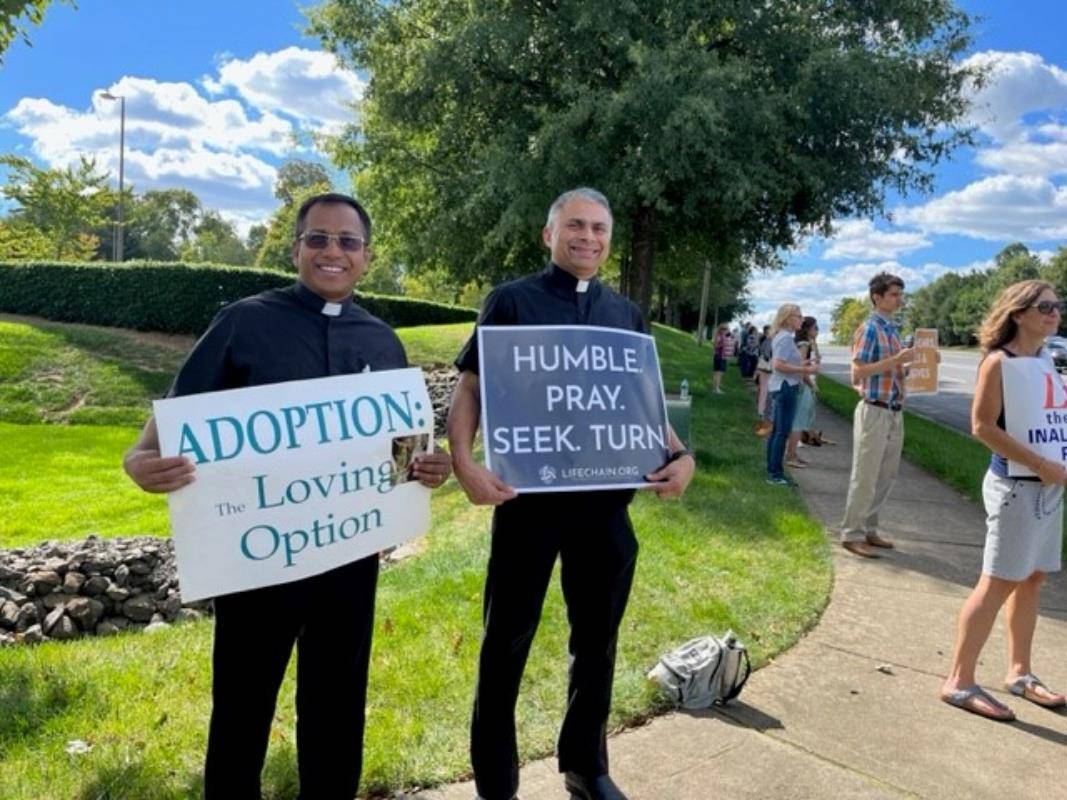 Faithful gathered Oct. 1 in front of the church for a prayer before lining up along Ballantyne Parkway in south Charlotte to pray for life. (Provided photos)