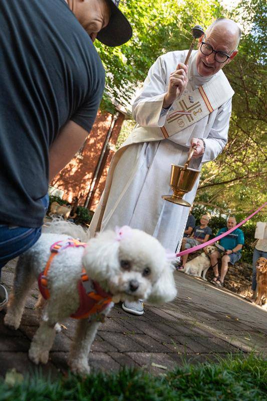 A dozen pets (plus one in spirit) gathered in the garden of St. Peter Church in uptown Charlotte for the annual Blessing of the Animals Sept. 30.