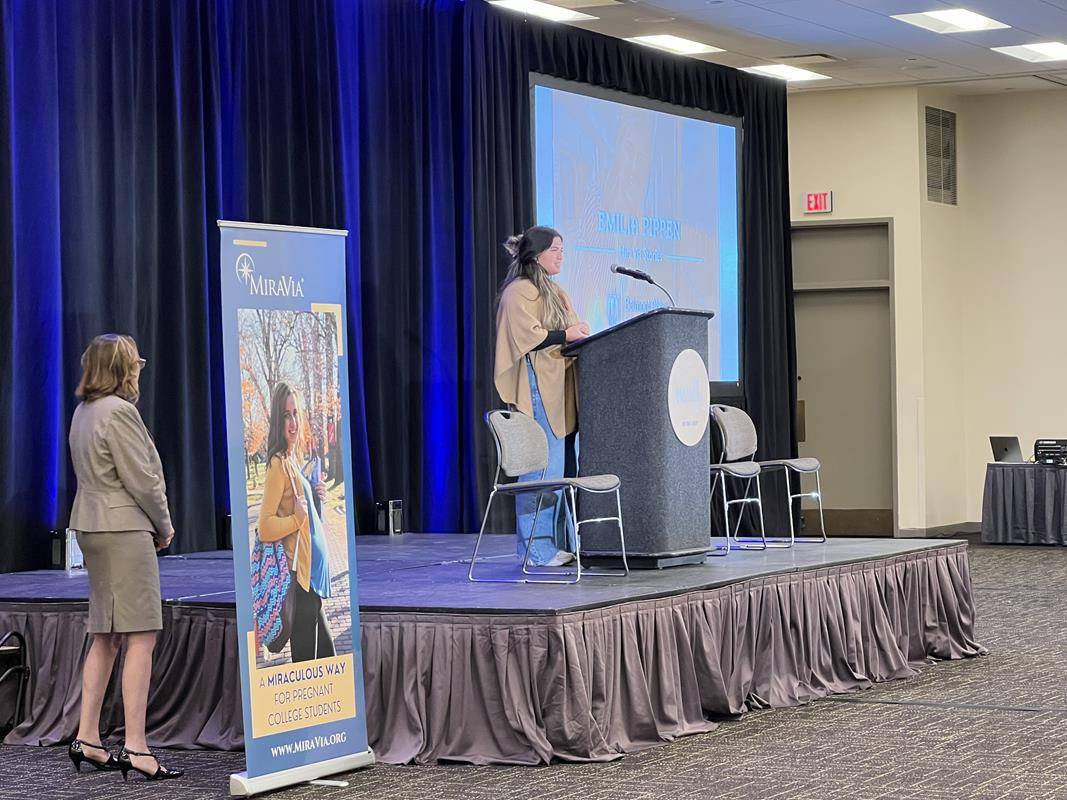 One of MiraVia's former residents spoke to college students about the care she received while staying at the maternity shelter for college students.