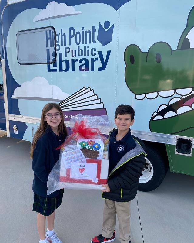 On Tuesday, Immaculate Heart of Mary students put together and delivered baskets to HPPD, HPFD, High Point Library, USPS, Pennybyrn Retirement Community, Atrium Hospital, and IHM priests and staff members.