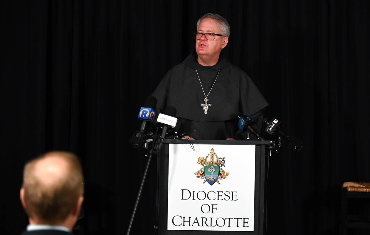Charlotte Bishop-Elect Michael Martin, OFM Conv., takes questions during a press conference at the diocese's pastoral center April 9, hours after Pope Francis announced his appointment as the fifth Bishop of Charlotte, succeeding Bishop Peter Jugis.