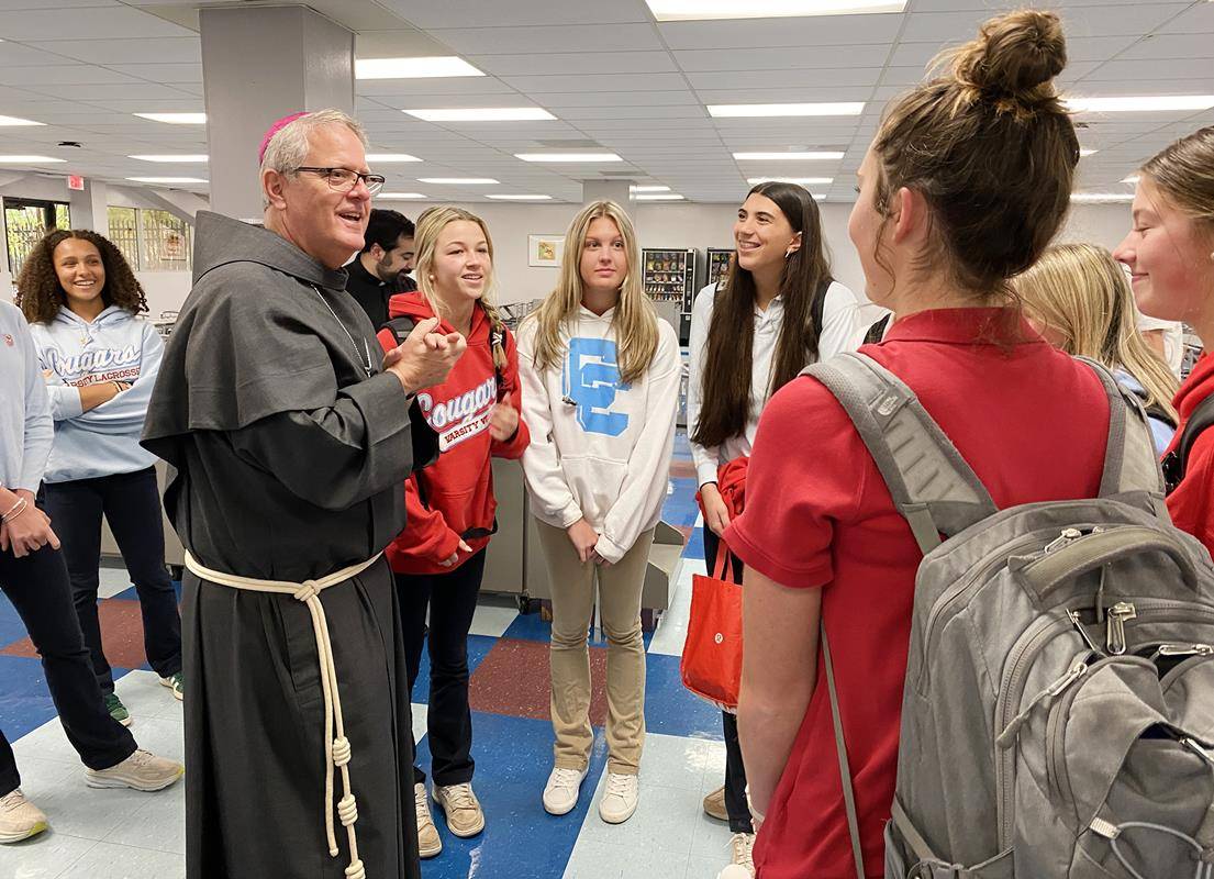 Bishop-Elect Michael Martin, OFM Conv., speaks to students at Charlotte Catholic High School April 9, during his first day visiting the Diocese of Charlotte following the announcement that he will become the fifth Bishop of Charlotte.