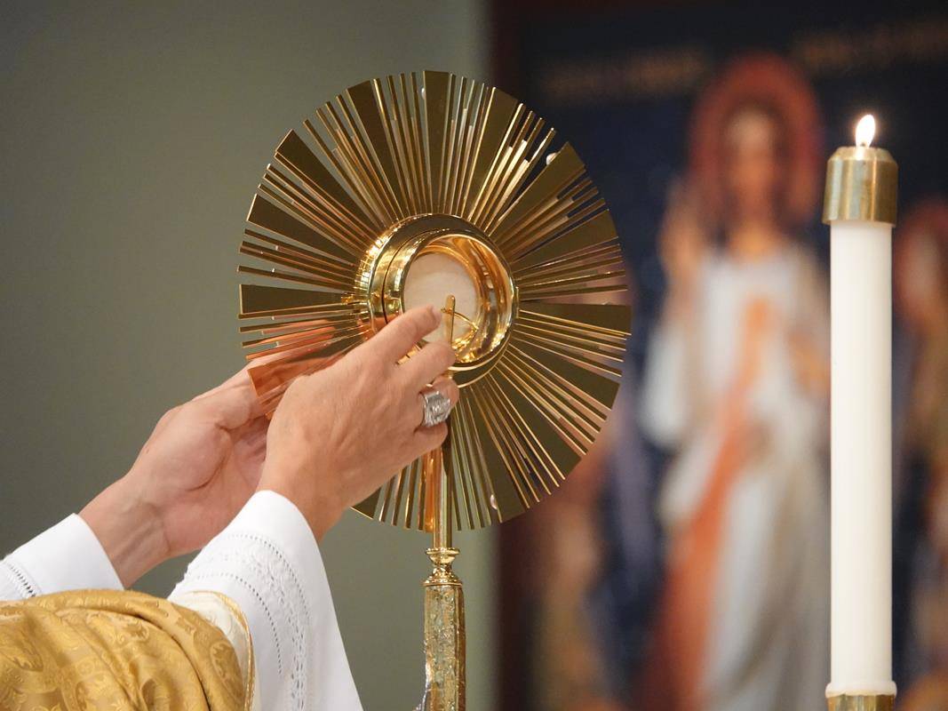 Bishop José Mauricio Vélez García, Auxiliary Bishop of Medellín, Colombia, celebrates Mass and leads a Eucharistic Procession around St. Mark Church in Huntersville.