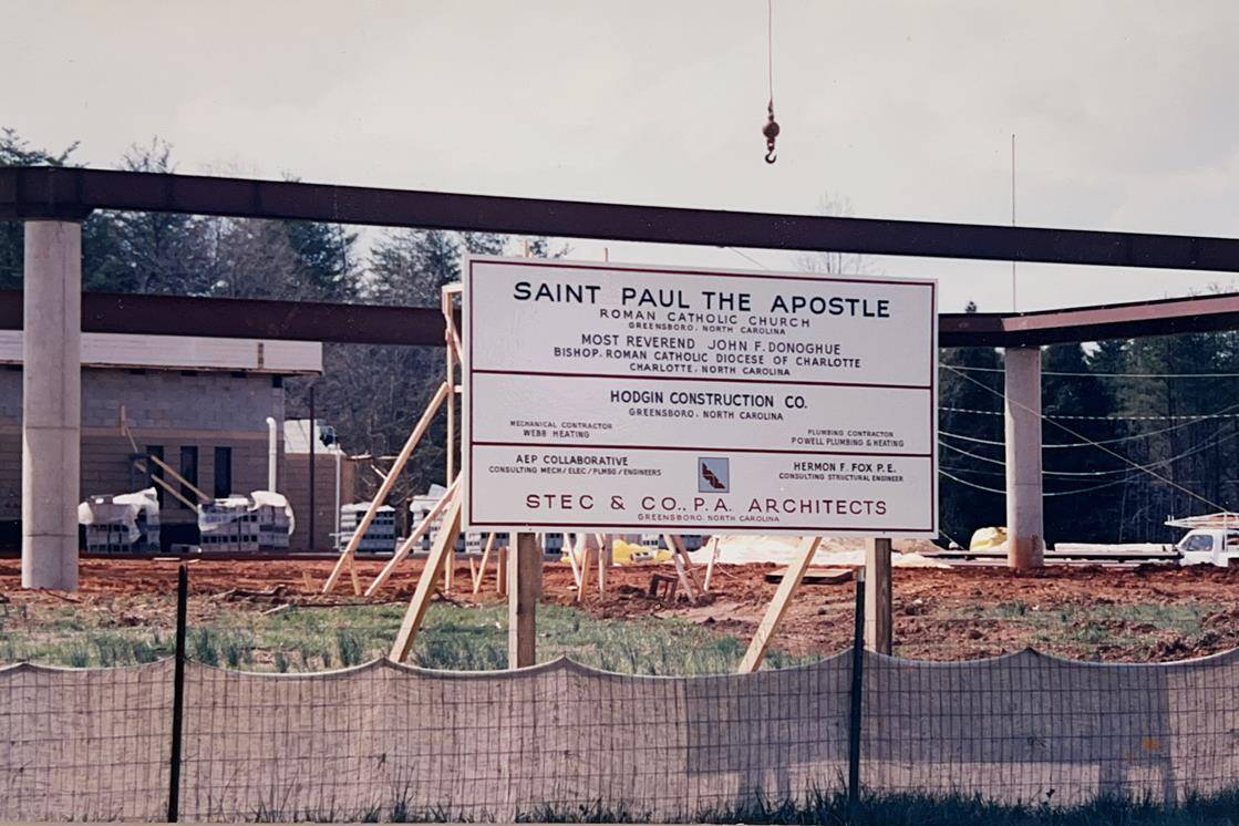 Sign marking the site of the future St. Paul the Apostle Catholic Church on Horse Pen Creek Road in Greensboro.