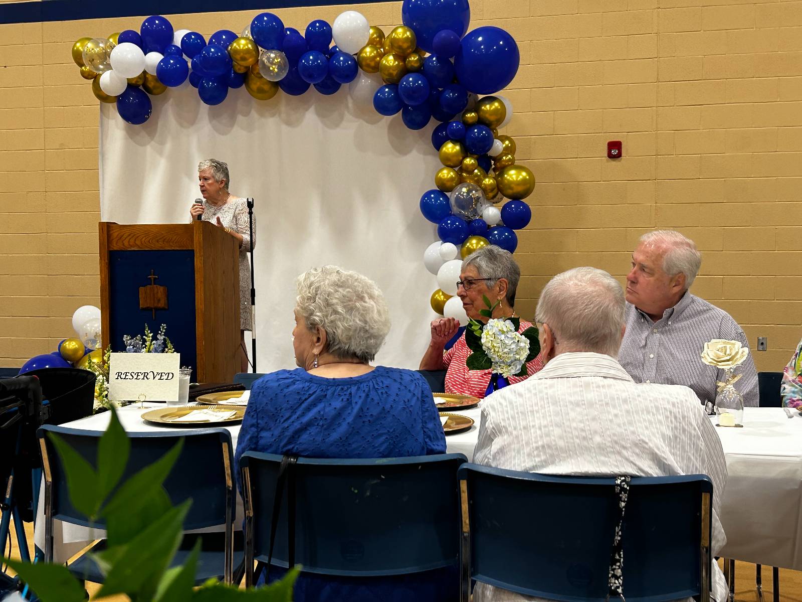 Colleen Assal welcomes everyone to the luncheon.