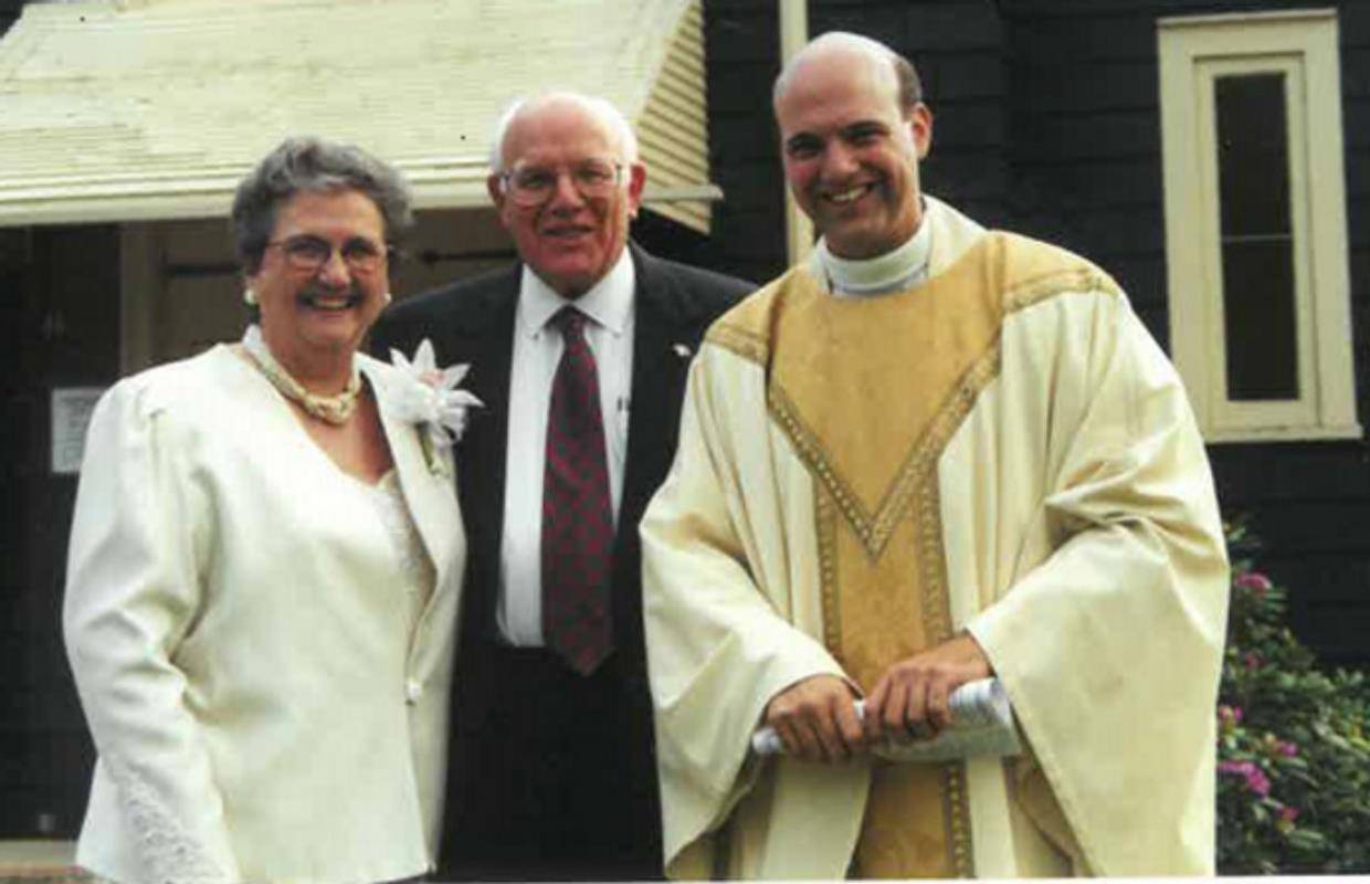Monsignor Marcaccio with his parents Rose and Tony after his first Mass as a priest in 1991 at St. Margaret Mary Church in Swannanoa.