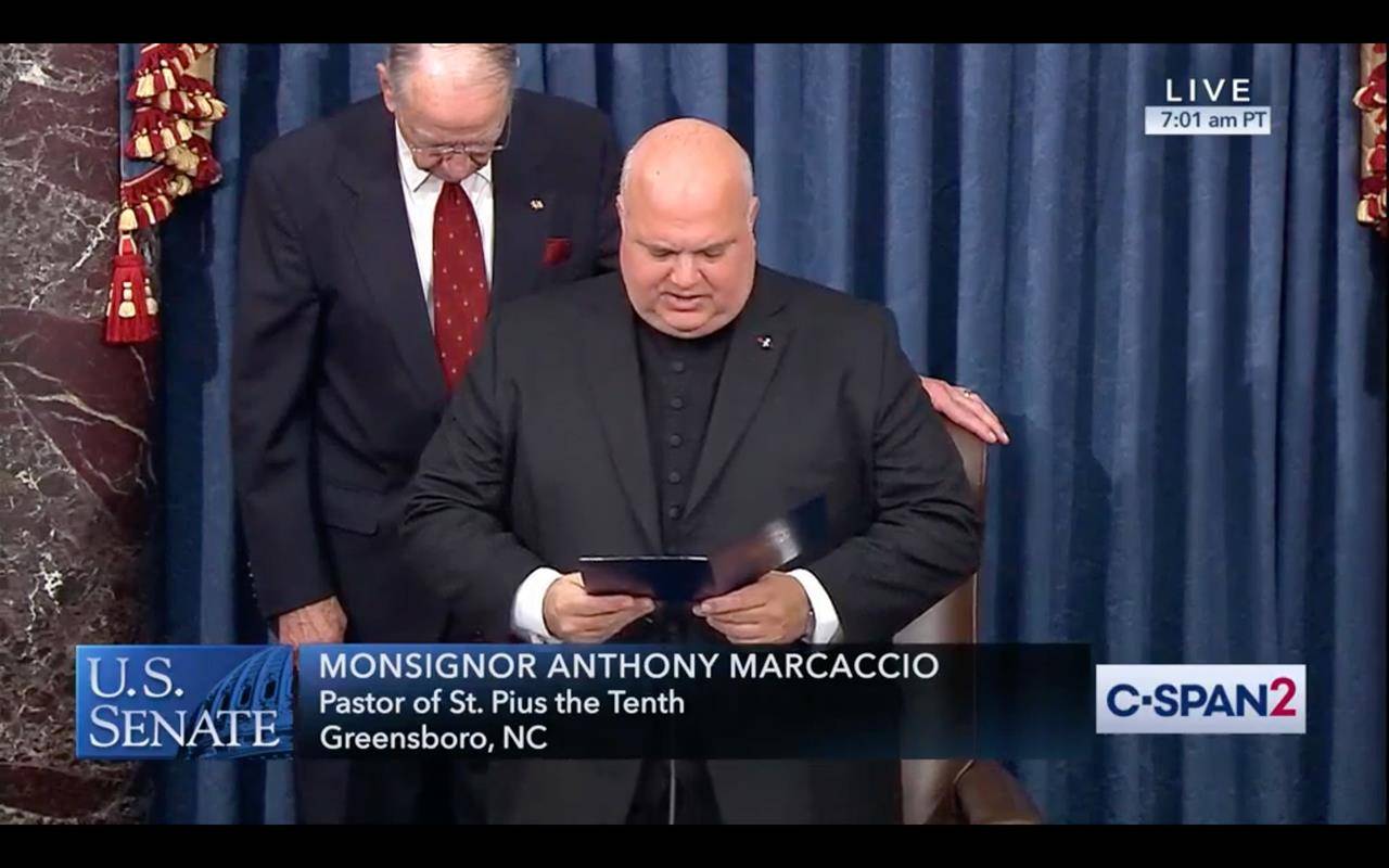 In 2019, Monsignor Marcaccio stood before the U.S. Senate on national TV and prayed for unity: “In this moment make us mindful of all that has brought us together as a country and how it far surpasses that which can divide us....