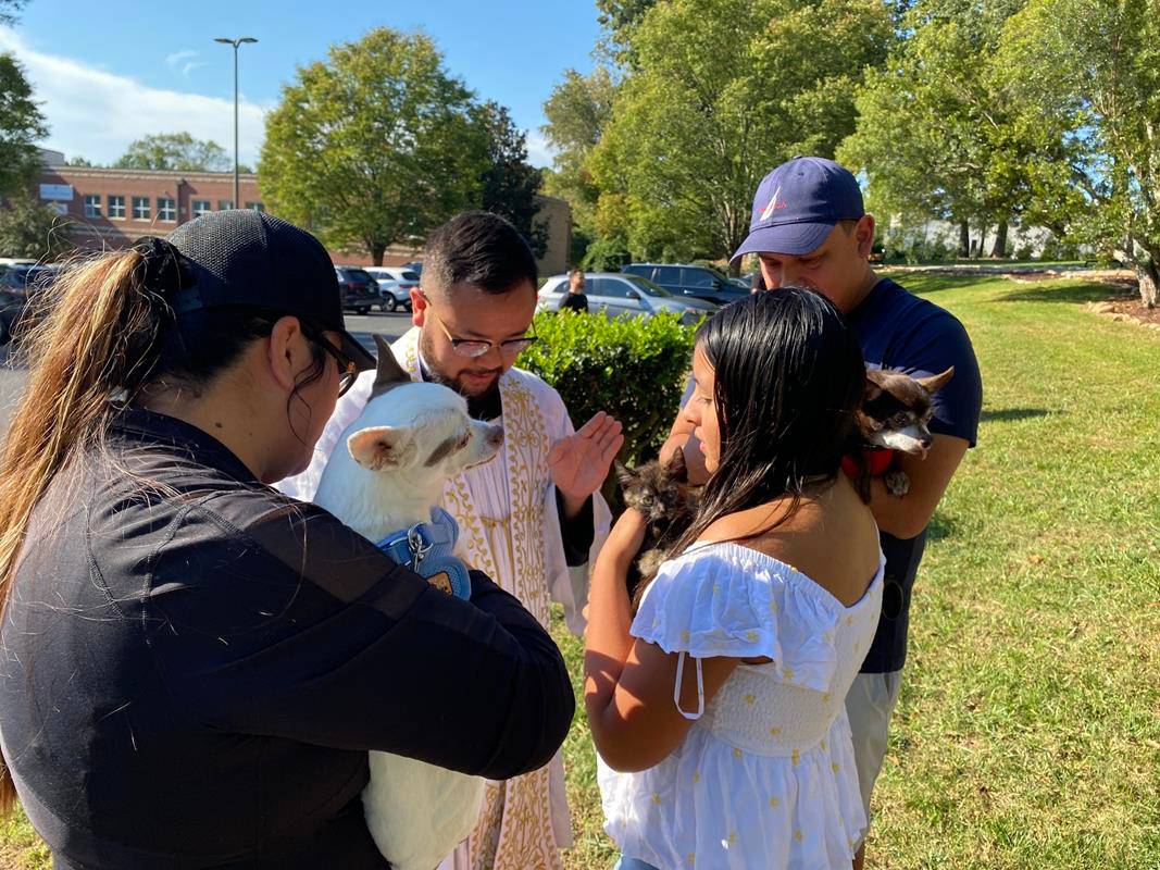 Father Kevin Tran blesses pets at St. Gabriel Church in Charlotte.