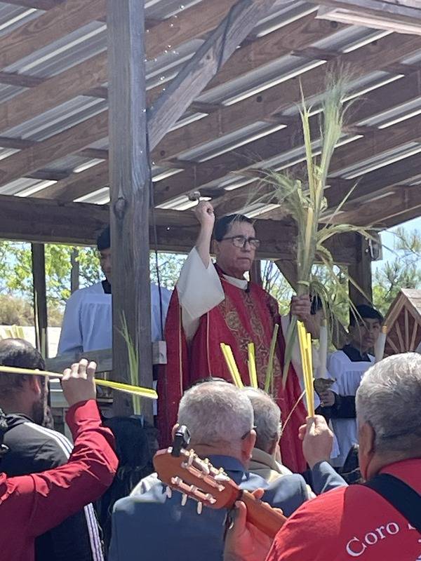 Father Fidel Melo blesses the congregation before the Palm Sunday procession outside St. James Church in Hamlet. (Lisa Geraci)