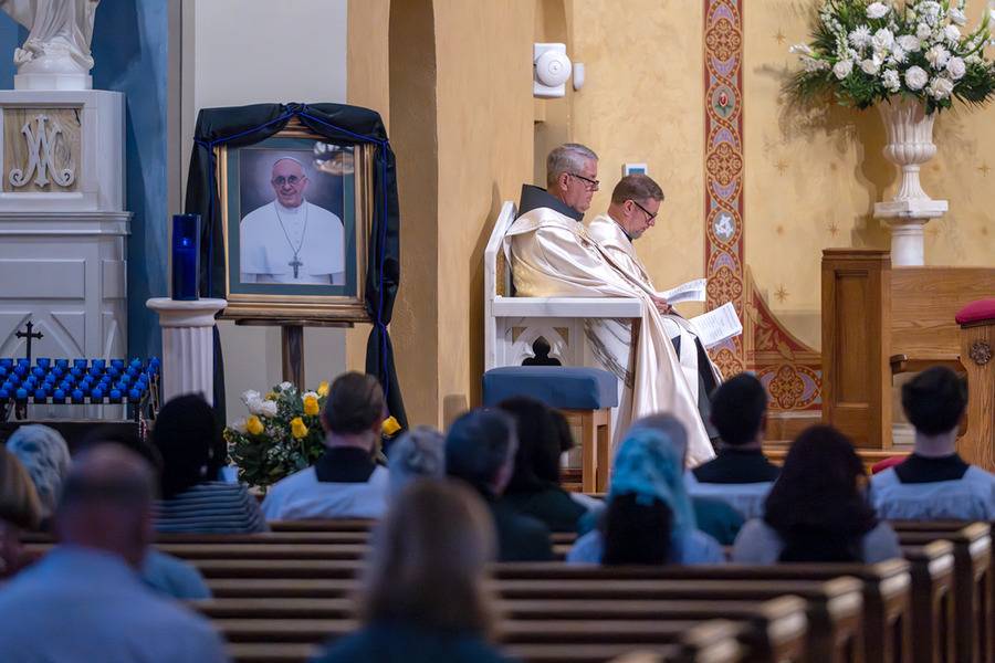 Bishop Michael Martin led the Holy Hour at St. Patrick Cathedral, noting that Pope Francis spent his final day on earth doing what he loved: celebrating the Good News of Easter with the People of God. (Photo by Troy Hull)