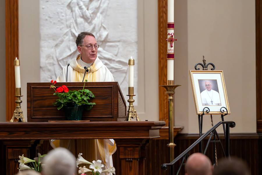 Father Tim Stephens, a Jesuit like Pope Francis and the pastor of St. Peter Church in Charlotte, reflected on the pope’s legacy during Mass on Monday. (Photo by Troy Hull)