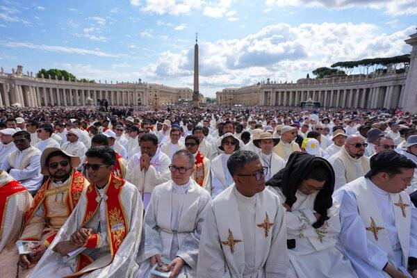 Priests gather in St. Peter's Square for Pope Leo XIV's installation Mass at the Vatican May 18. (CNS/Lola Gomez)